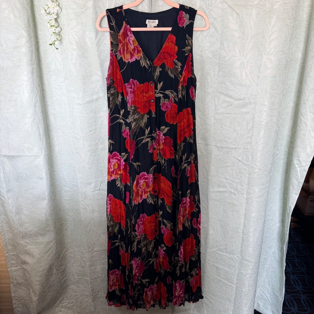 VTG 90s Women's 14 Floral Maxi Dress Black Red Rayon Button Front Whimsigoth